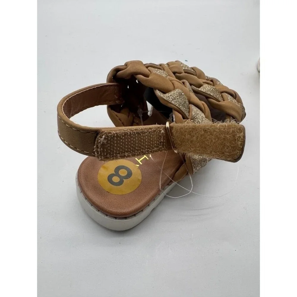 Tahari Girls Braided Sandals Size 8 Brown Gold Glitter Hook Loop Casual Shoes